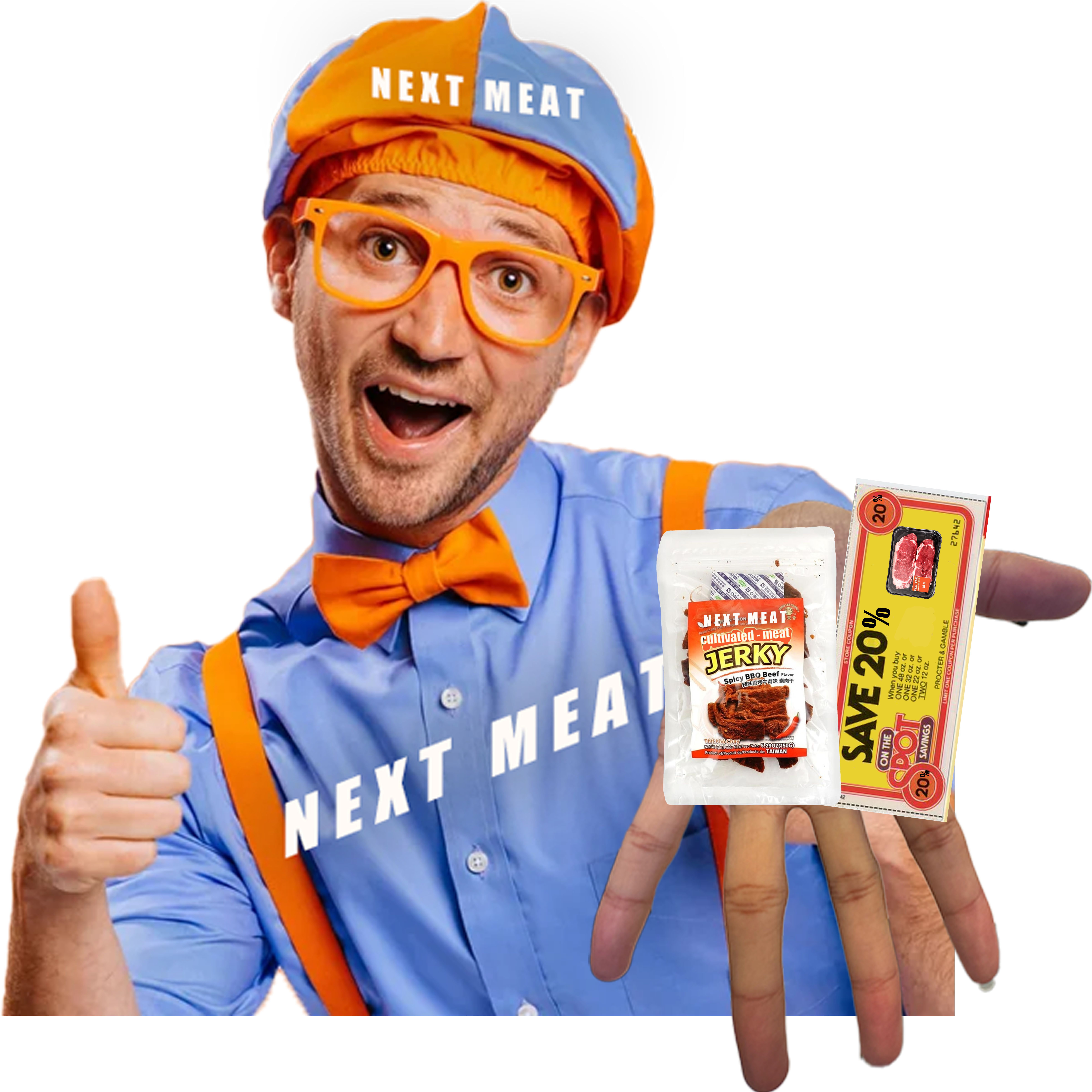 Smiling Next Meat promoter giving two thumbs up